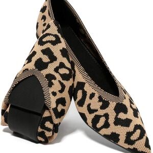 Slocyclub Pointed Toe Leopard Print Knit Ballet Flats - Size 6